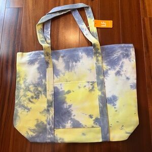 New NWT LF Blue Yellow Tote Bag Tie-Dye Front‎ Pocket Zipper Zip Beach Bag Sz L